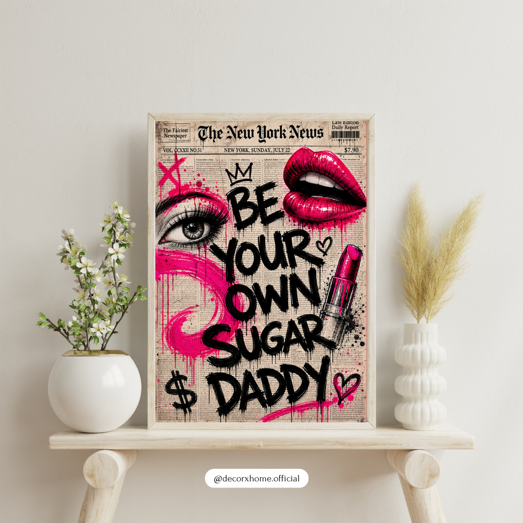 Decorexhome “Be Your Own Sugar Daddy” Graffiti Wall Art Poster | Fashion Pop Art Canvas Print | Bold Pink Statement Decor