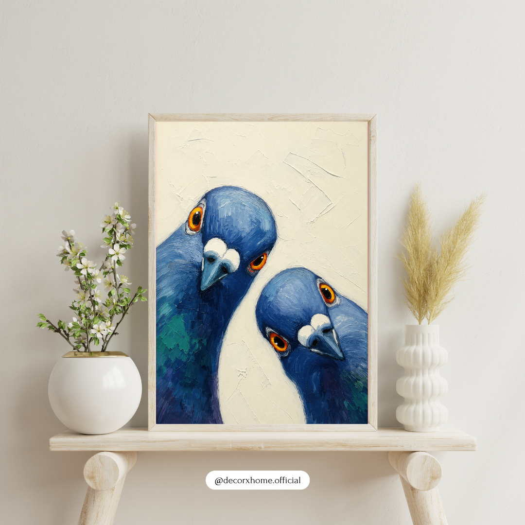 Curious Blue Pigeons Poster | Whimsical Animal Wall Art by DecorxHome
