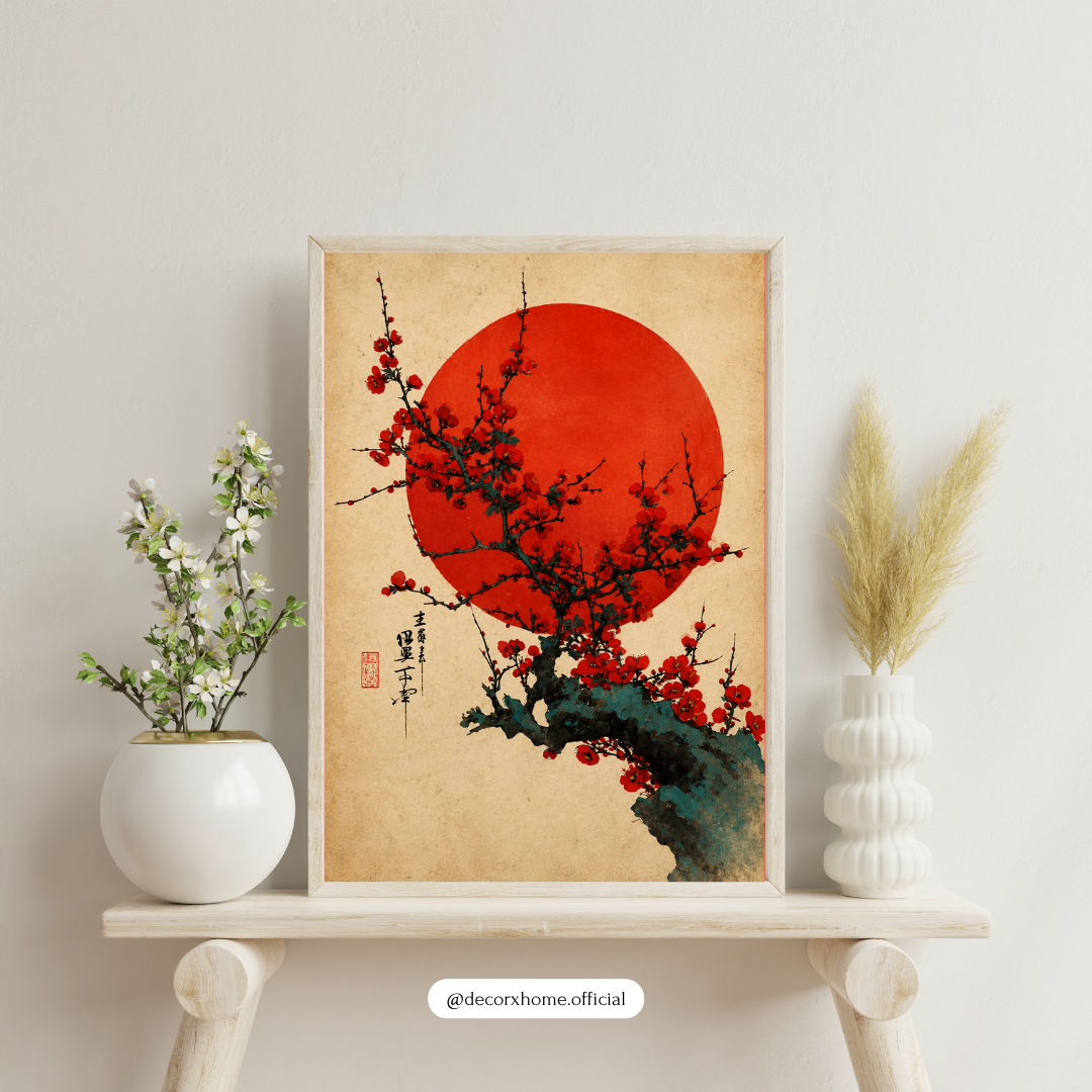 Japanese Cherry Blossom & Rising Sun Wall Art Poster | Traditional Sakura Zen Decor