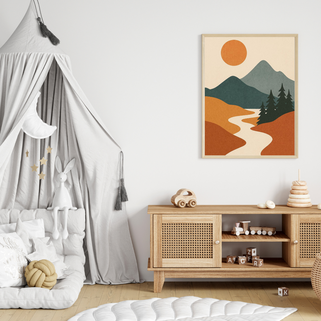Boho Mountain Landscape Wall Art with Frame – Minimalist Nature Print for Modern Living Room, Bedroom & Office Decor