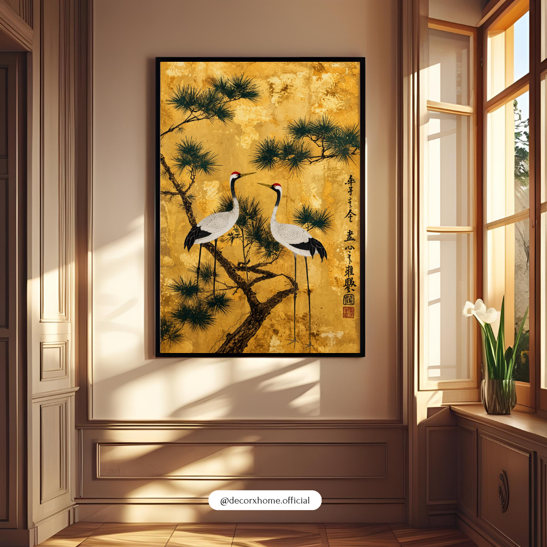 Japanese Cranes & Pine Tree Gold Wall Art – Elegant Japandi Nature Poster | Decorxhome