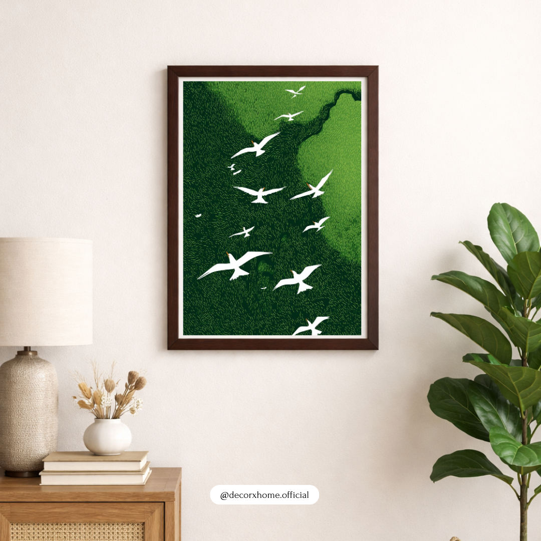 Soaring Birds Over Green Valley – Minimal Nature Wall Poster by Decorxhome