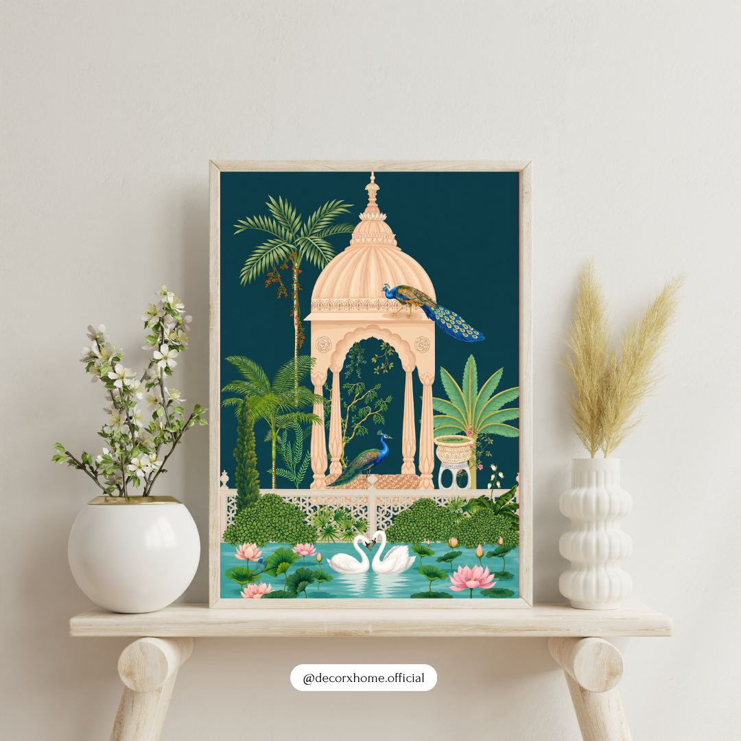 DecorexHome Royal Peacock Garden Poster | Luxury Indian Palace Wall Art | Swan & Lotus Nature Artwork | Elegant Heritage Decor Print