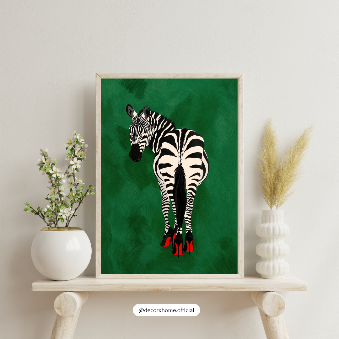 Fashion Zebra Wall Poster | Modern Animal Art with Red Heels by DecorxHome