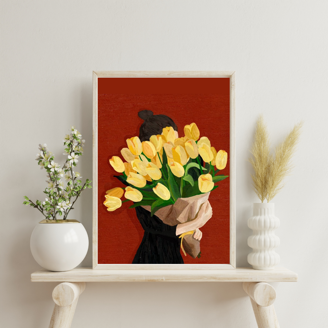 Golden Tulips Reverie Wall Poster | Minimalist Floral Art Print by Decorxhome