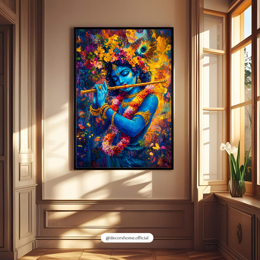 Krishna Wall Art Poster – Divine Flute Painting | Spiritual Canvas Print for Home Decor (Framed)