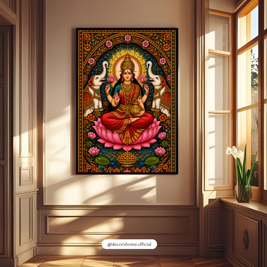 Goddess Lakshmi with Elephants Poster | Traditional Indian Goddess Wall Art | Lakshmi Devi Spiritual Decor | Decorexhome  Product Des
