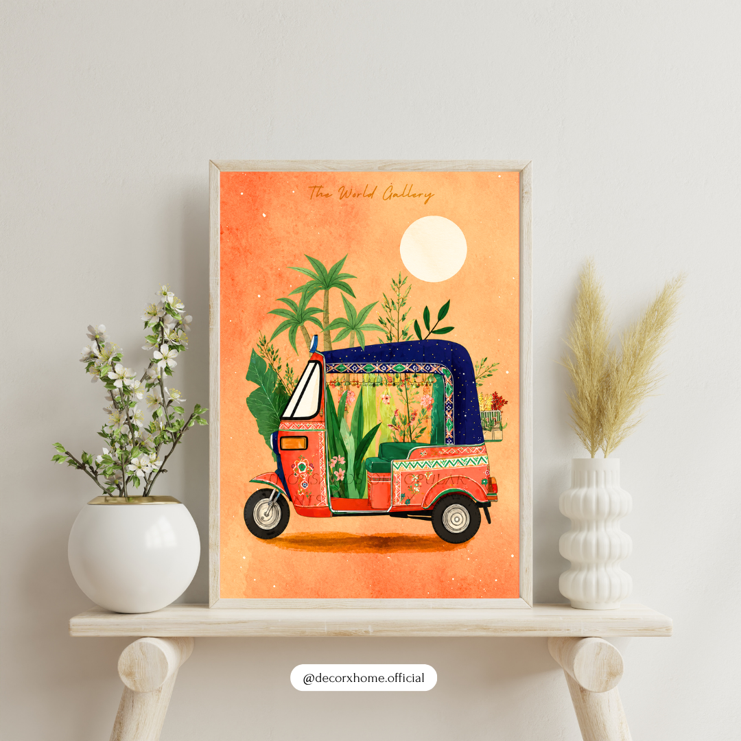 Bohemian Floral Auto Rickshaw Poster | Vibrant Travel & Tropical Wall Art by DecorxHome