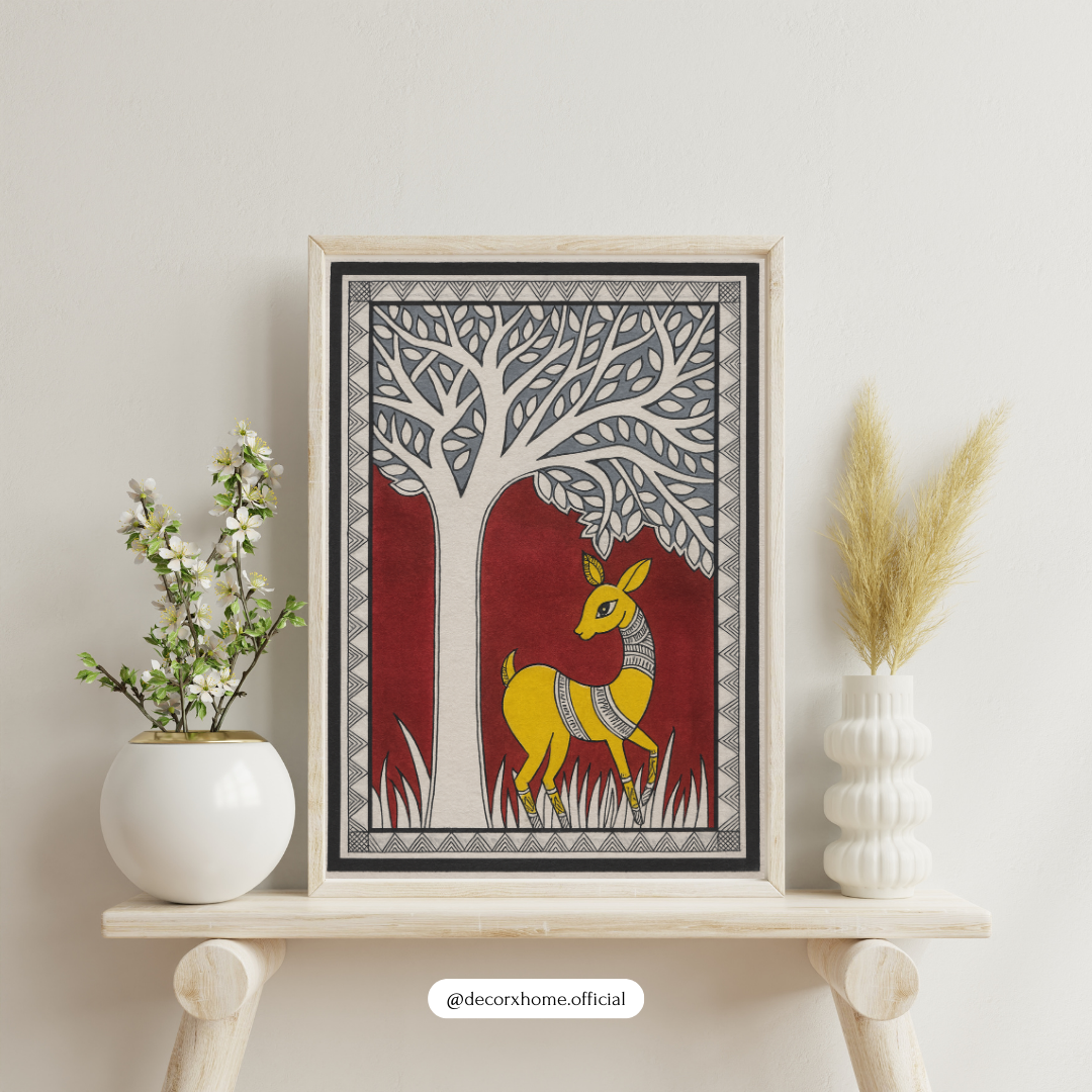 Madhubani Deer Art Poster – Traditional Indian Folk Wall Decor