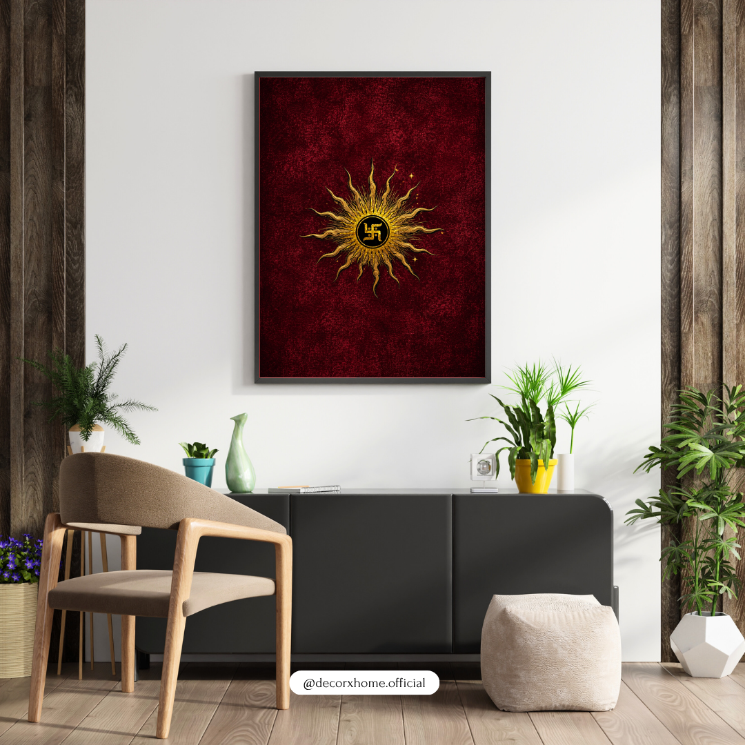 Sacred Golden Sun Swastika Poster | Auspicious Hindu Spiritual Wall Art on Crimson Red Background | Decorxhome