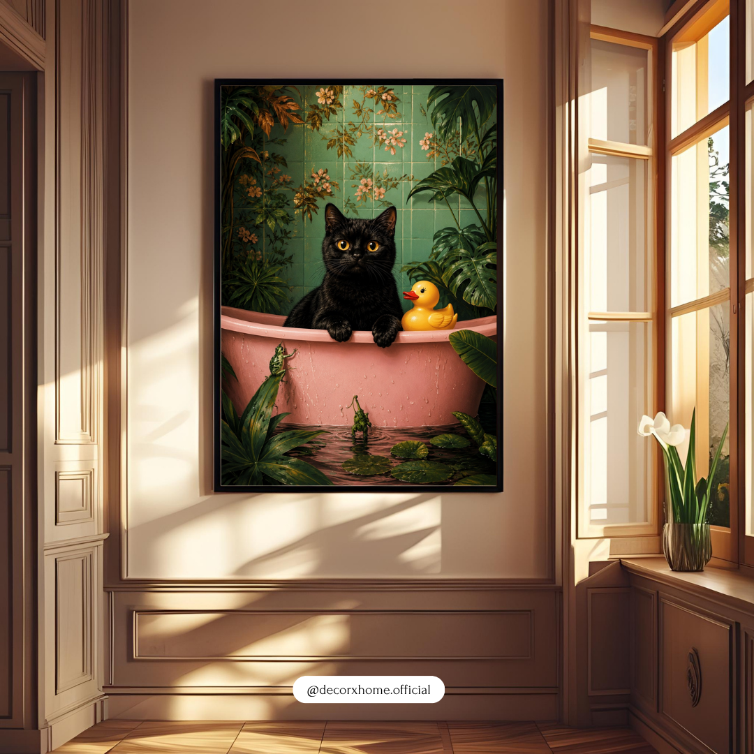 Whimsical Black Cat Bath Wall Art Poster | Cute Botanical Cat Artwork | Aesthetic Animal Print | Decorexhome
