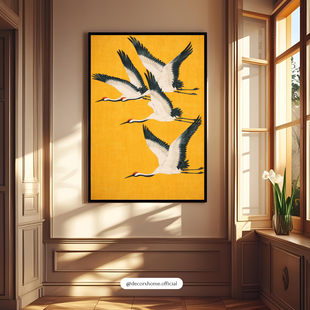 Golden Crane Flight Wall Art | Japanese Minimalist Bird Poster | Vibrant Yellow Nature Decor | Decorxhome