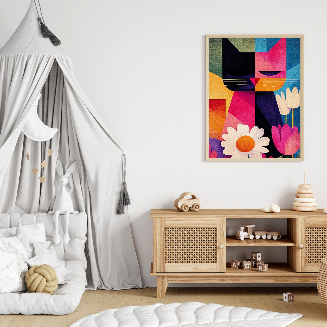 Geometric Cat & Floral Wall Art – Framed Modern Art Print for Living Room, Bedroom & Office