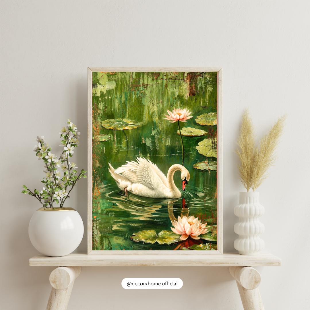 Elegant Swan & Lotus Pond Poster | Serene Nature Wall Art by DecorxHome