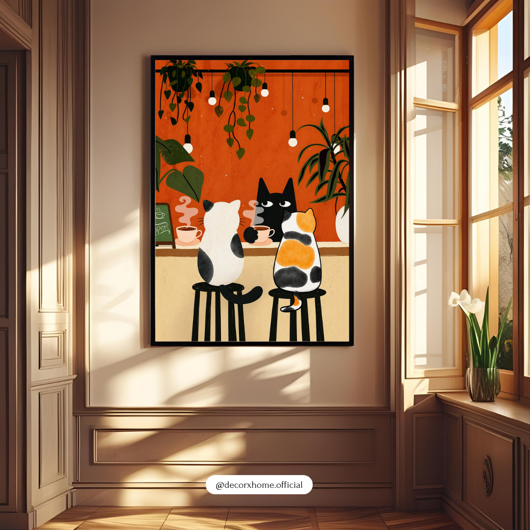Cute Cat Café Wall Art Poster – Aesthetic Cartoon Animal Print | Cozy Kitchen & Living Room Decor (Framed)