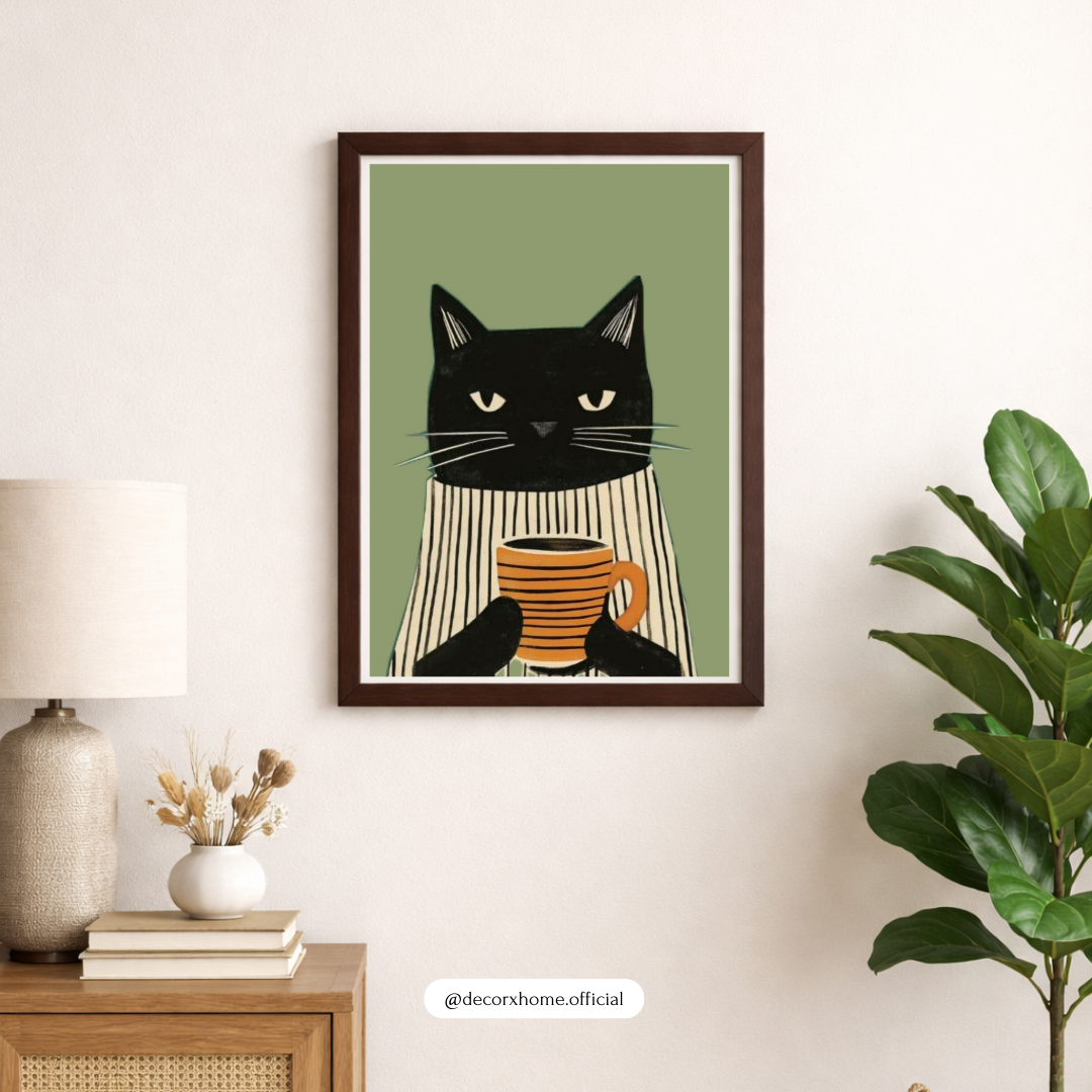 Coffee Lover Cat – Cute Minimal Illustration Wall Poster by Decorxhome