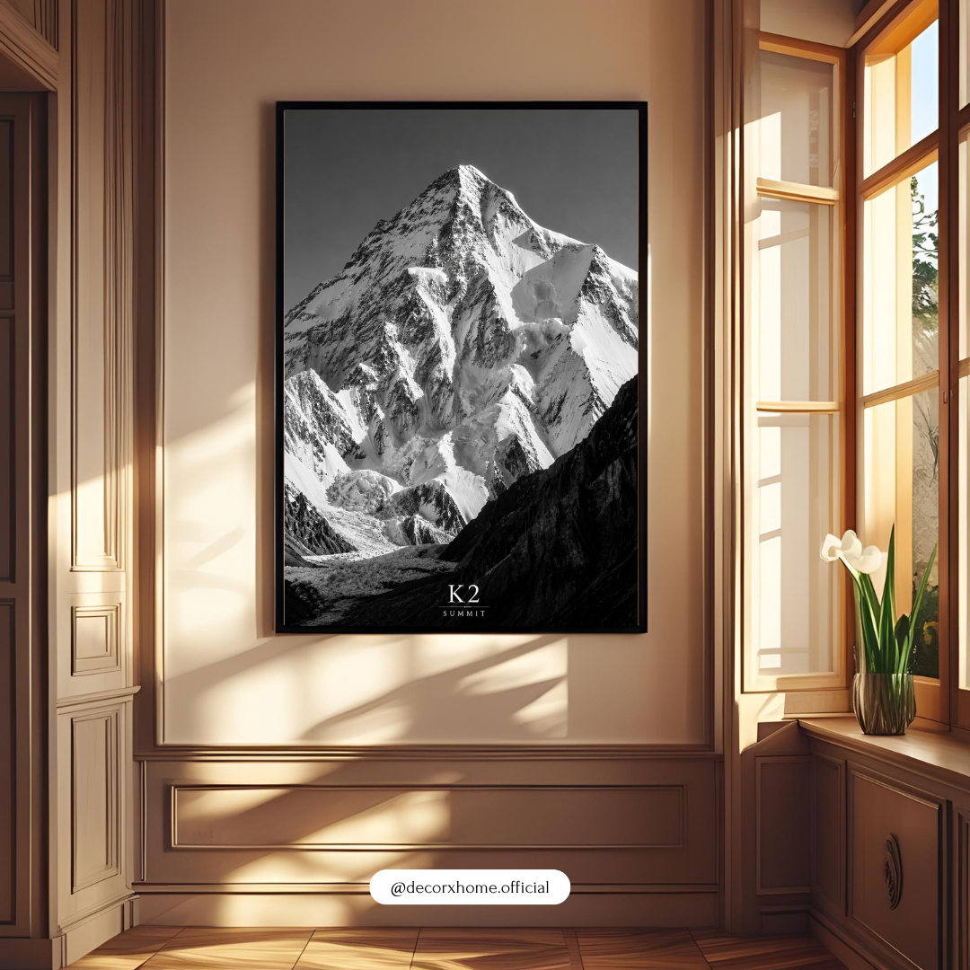 K2 Summit Mountain Poster | Black & White Himalayan Wall Art | DecorexHome