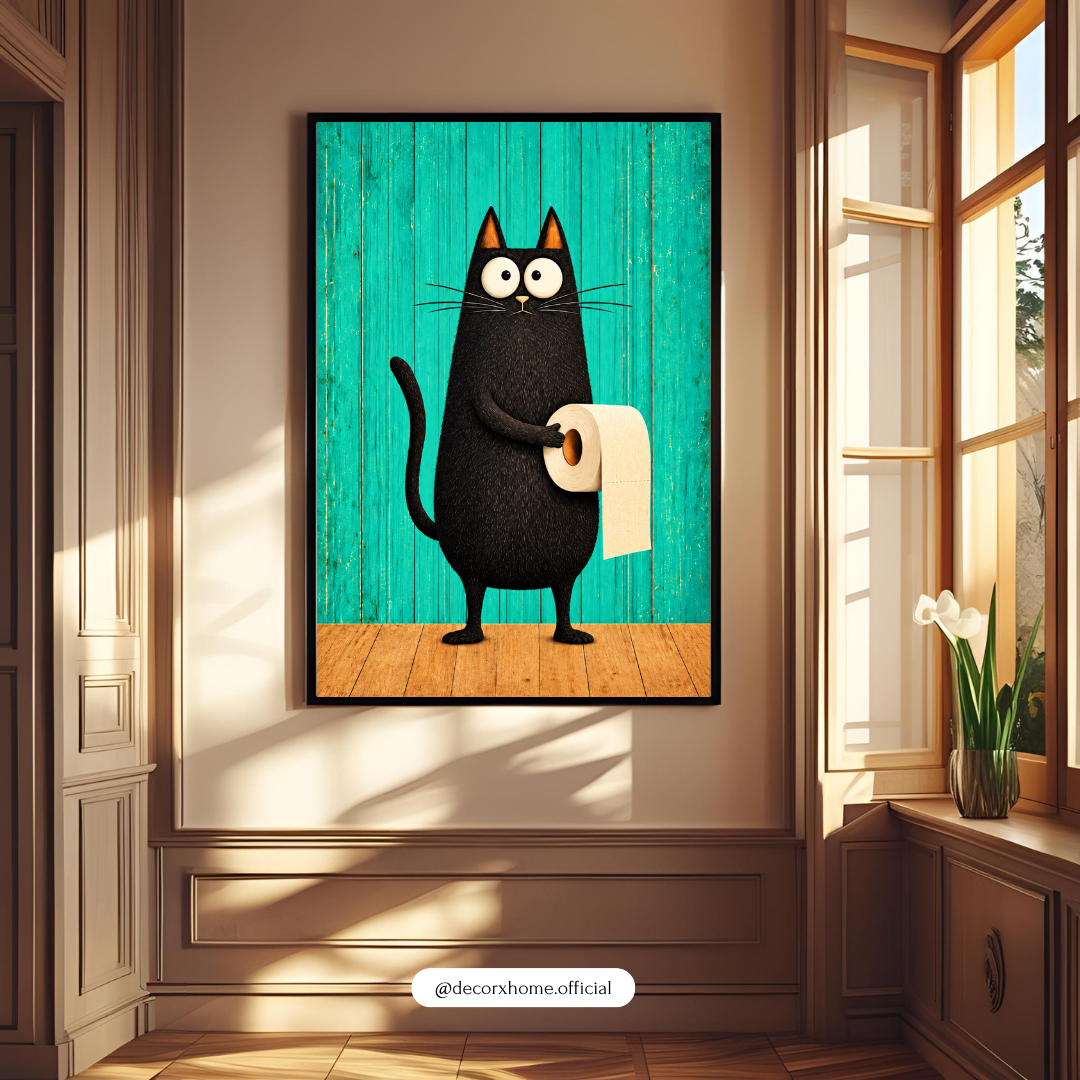 Funny Black Cat Toilet Paper Poster | Cute Bathroom Wall Art | Quirky Cat Decor | Decorxhome