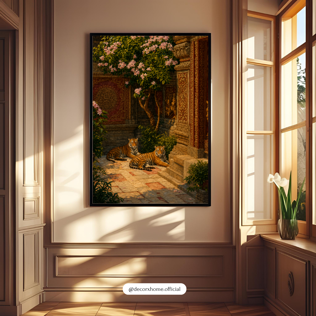 Royal Tigers in Palace Garden – Premium Aesthetic Wall Art Poster | DecorxHome