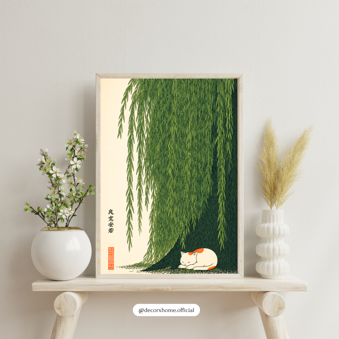 Sleeping Cat Under Willow Tree Poster | Japanese Zen Nature Wall Art by DecorxHome