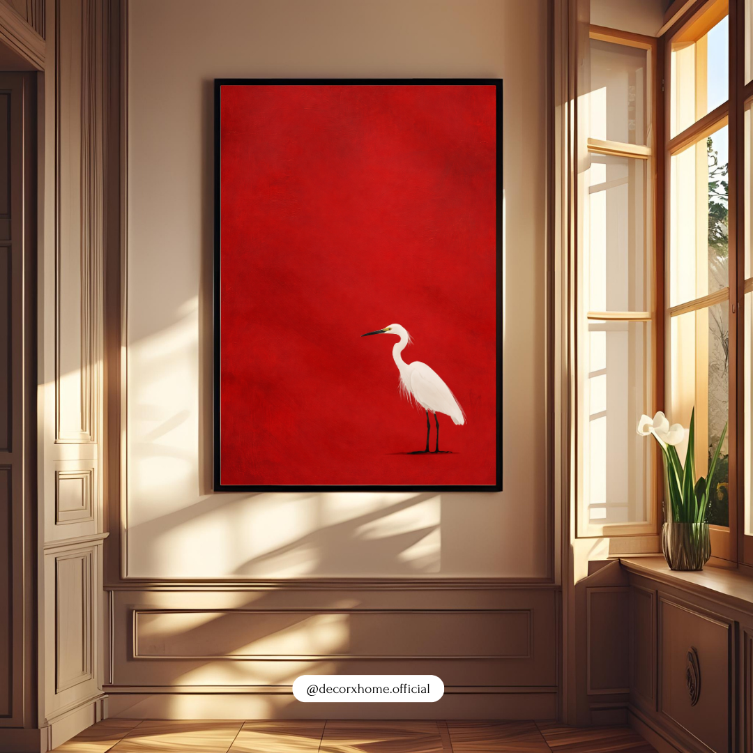 Minimalist White Heron Wall Art Poster – Bold Red Background Modern Bird Illustration | Decorxhome