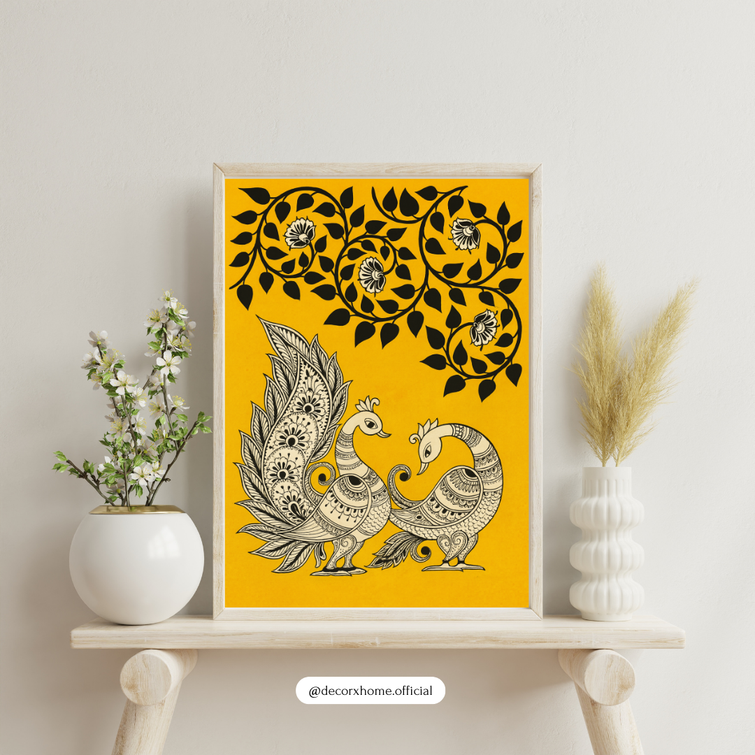 Madhubani Peacock Pair Poster – Traditional Indian Folk Art Wall Decor