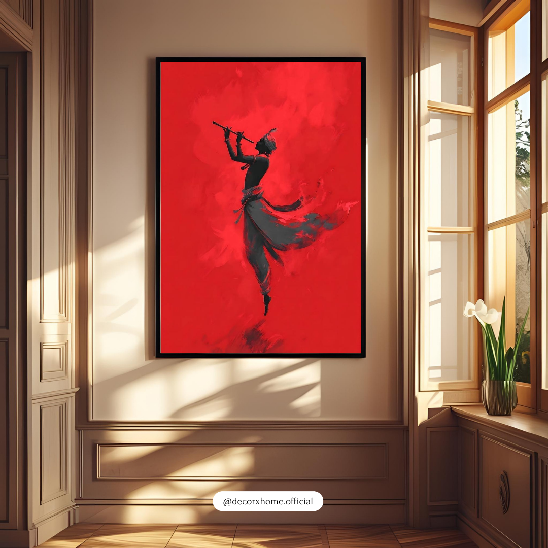 Crimson Flute Lord Krishna Wall Art | Indian Classical Silhouette Poster | Bold Red Artistic Decor | Decorxhome