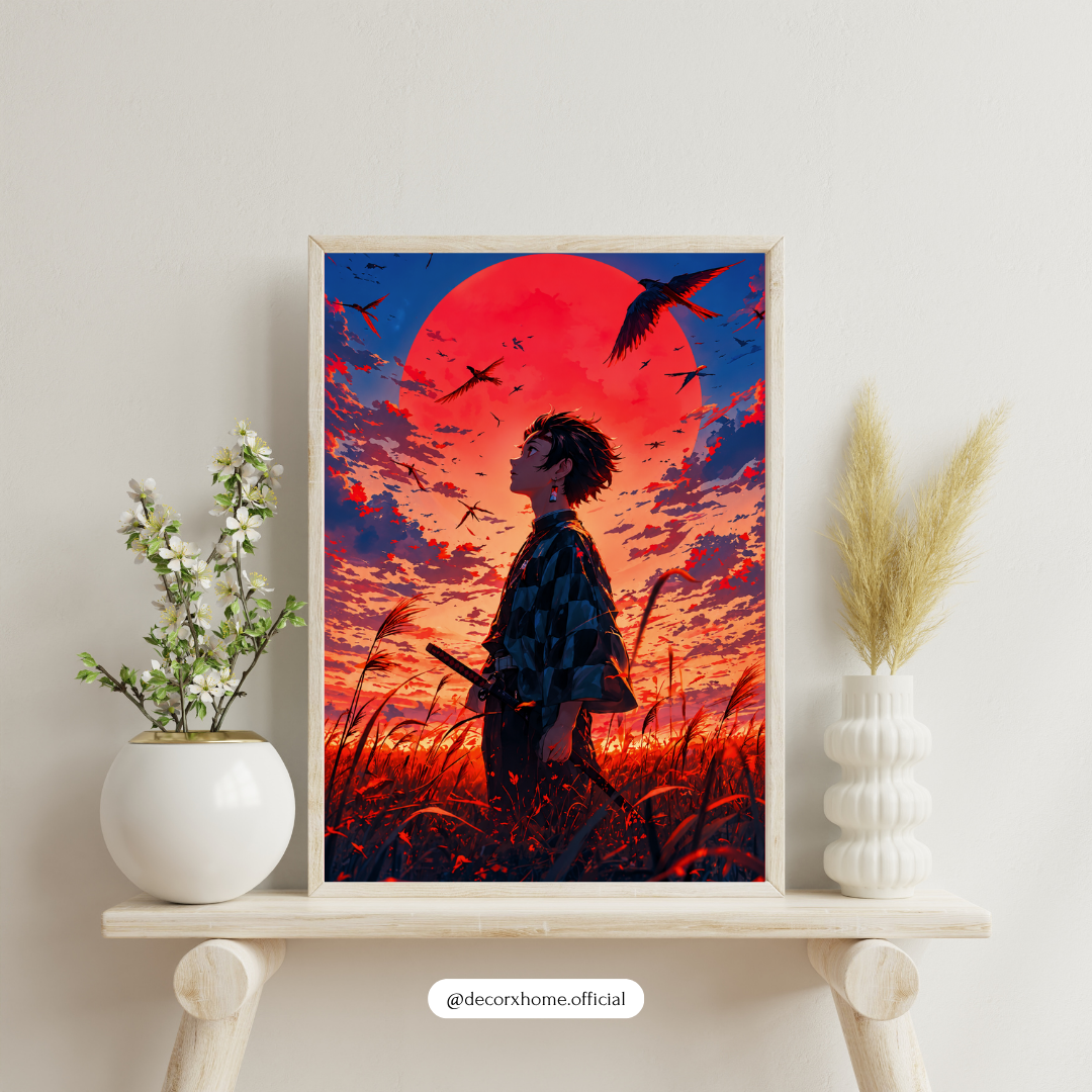 Crimson Moon Wanderer Poster – Anime-Inspired Sunset Wall Art