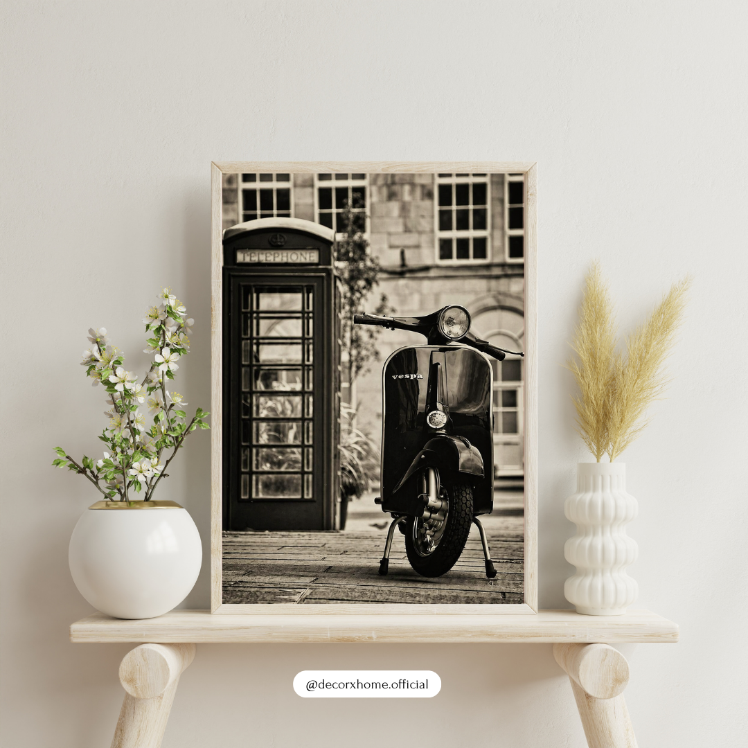 Decorexhome Vintage Vespa Street Photography Wall Art Poster | Black & White London Scooter Print | Retro Urban Home Decor
