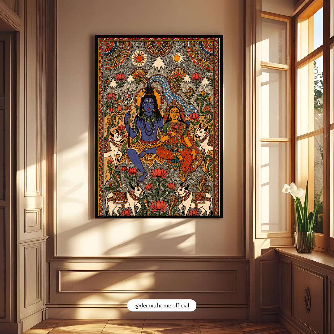 Lord Shiva & Parvati Madhubani Art Poster | Traditional Indian Spiritual Wall Decor | Mahadev & Devi Artwork | Decorexhome