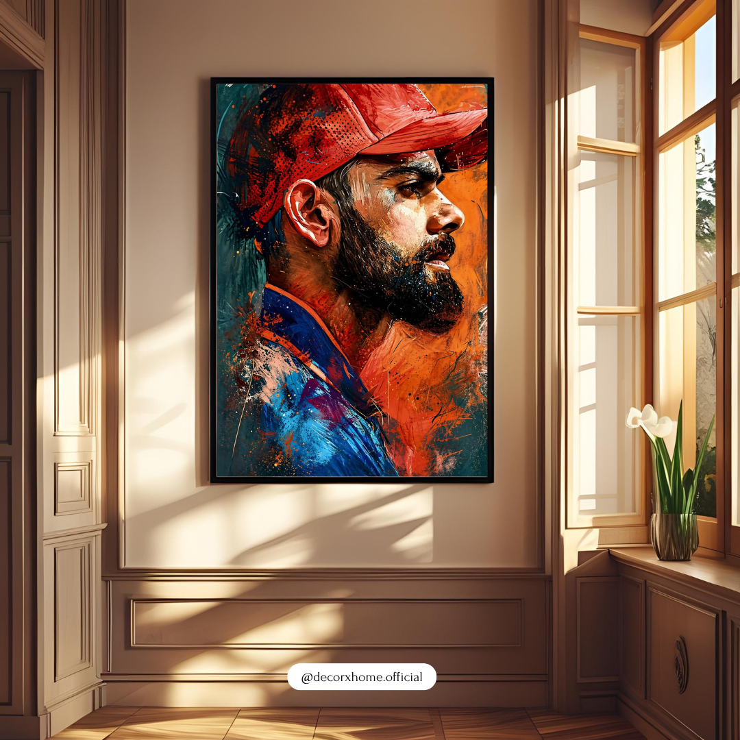 Virat Kohli Abstract Portrait Wall Art with Frame – Modern Cricket Legend Poster for Bedroom & Gaming Room