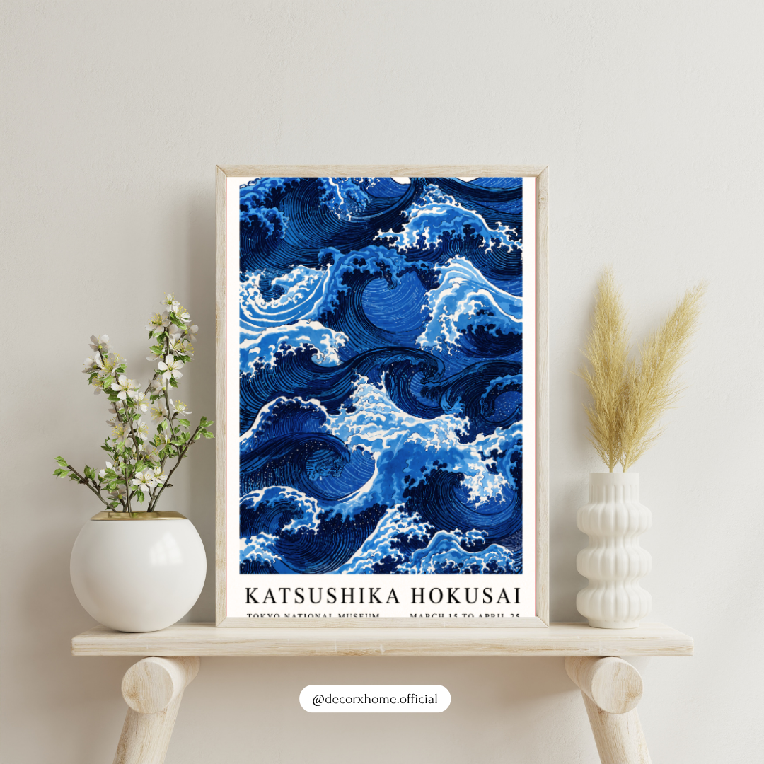 Japanese Ocean Waves Wall Art Poster | Hokusai-Inspired Coastal Blue Decor