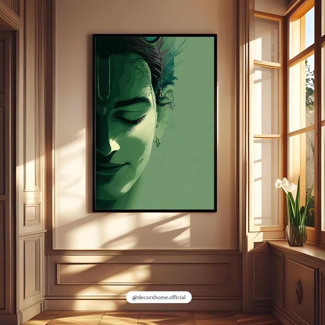 Serene Krishna Minimal Wall Art Poster – Spiritual Green Aesthetic Painting | Decorxhome