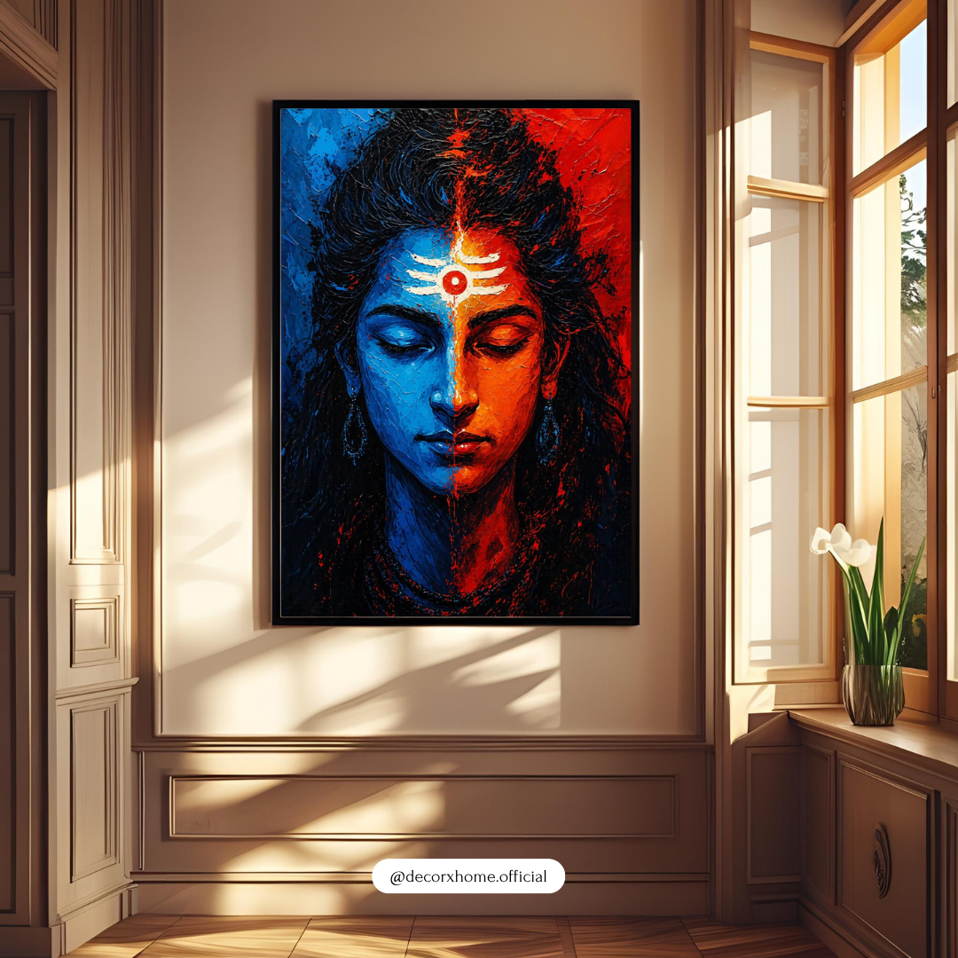 Shiva Shakti Dual Face Wall Art – Abstract Lord Shiva & Divine Feminine Portrait | Spiritual Meditation Artwork for Home, Temple & Yoga Space | Decorxhome