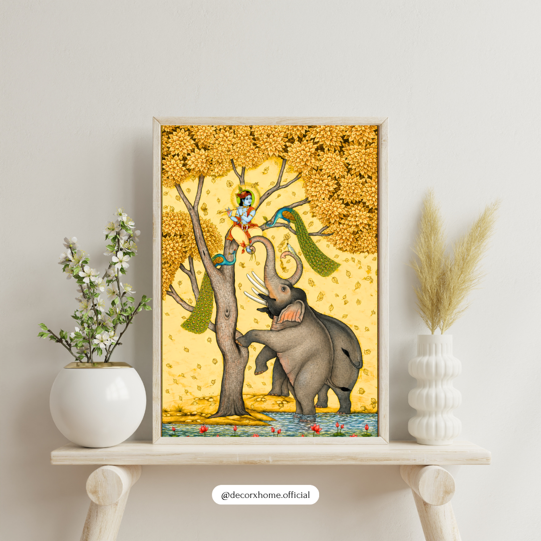 Krishna and the Elephant Poster | Traditional Indian Mythology Wall Art by DecorxHome