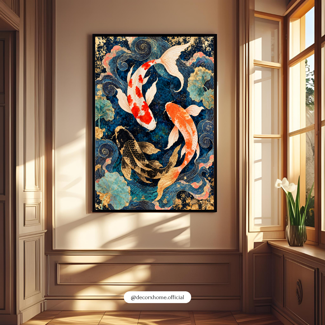 Japanese Koi Fish Wall Art | 3 Koi Fish Blue & Gold Aesthetic Poster | Luxury Modern Wall Decor | Decorxhome