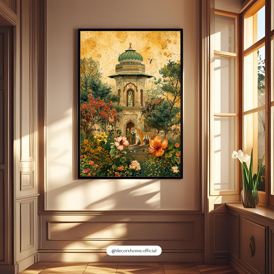 Royal Garden Pavilion with Tiger – Vintage Palace Floral Wall Art Poster | DecorxHome