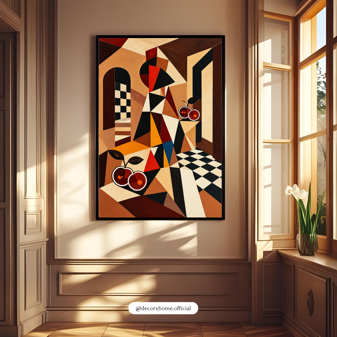 Geometric Cubist Still Life Wall Art Poster | Abstract Cherries & Checkerboard Design – Decorxhome