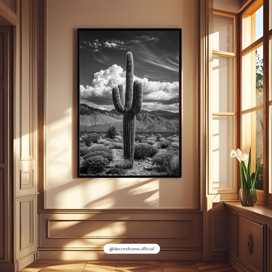 DecorexHome Black & White Cactus Desert Wall Art Poster | Minimalist Botanical Photography Decor