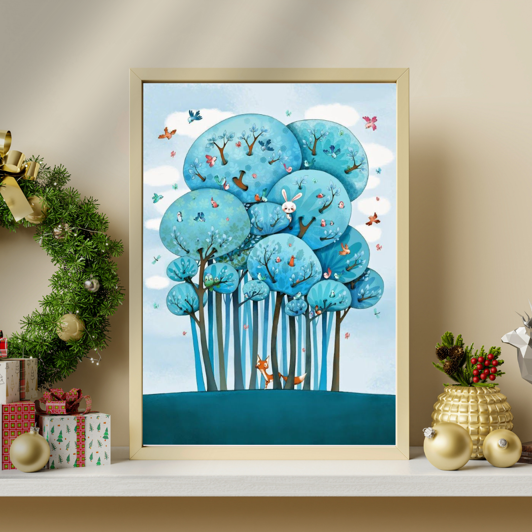 Enchanted Blue Forest Framed Poster | Whimsical Nature Art Wall Décor by Decorxhome