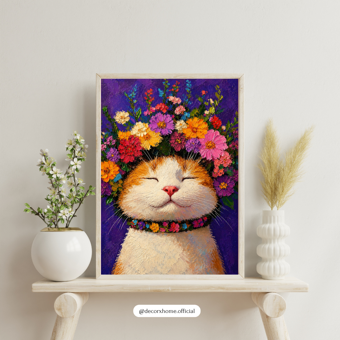 Decorexhome Floral Cat Bliss Wall Art Poster | Cute Whimsical Pet Canvas Print | Colorful Animal Home Decor