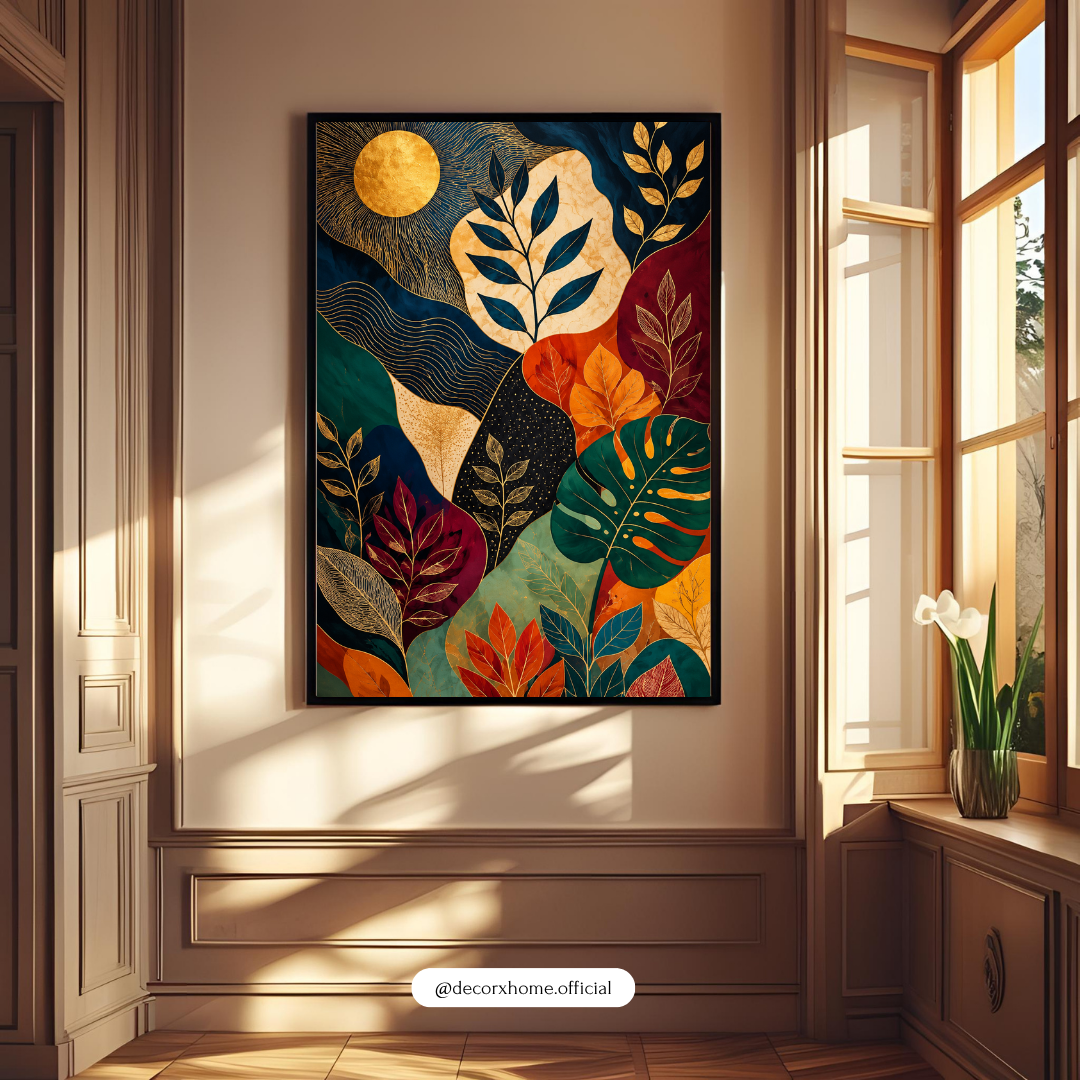 Abstract Botanical Wall Art | Blue & Gold Tropical Leaf Poster | Modern Luxury Nature Wall Decor | Decorxhome