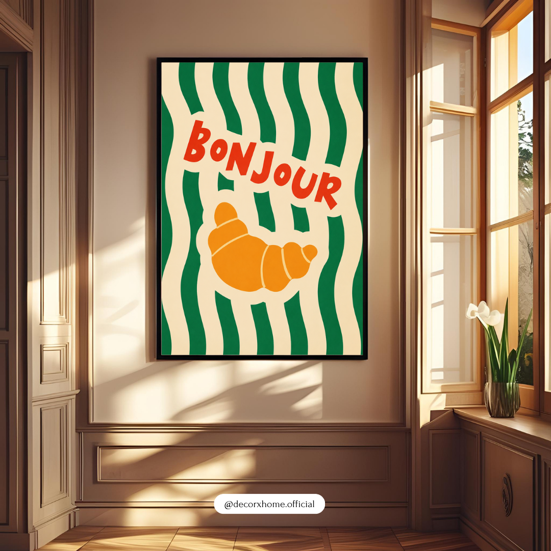Bonjour Croissant Wall Art Poster | Retro French Café Aesthetic Print | Minimal Boho Kitchen Artwork | Decorexhome