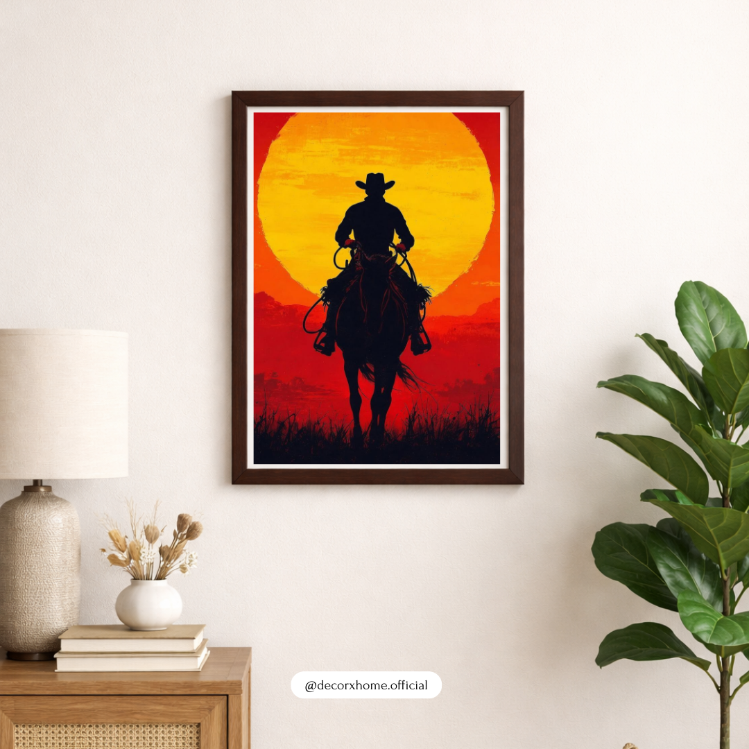 Lone Rider at Sunset – Western Silhouette Wall Poster by Decorxhome