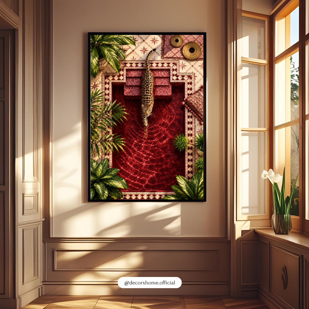 Leopard Pool Reflection Poster | Tropical Wildlife Wall Art | Luxury Nature Decor | Decorxhome