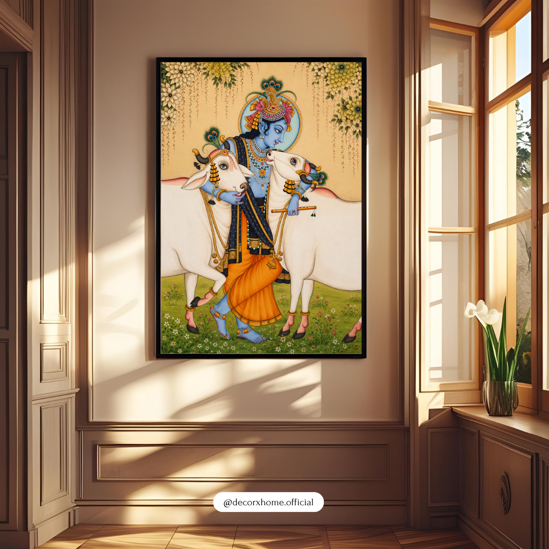 Lord Krishna with Cows Wall Art Poster | Traditional Indian Spiritual Artwork | Divine Hindu Aesthetic Print | Decorexhome