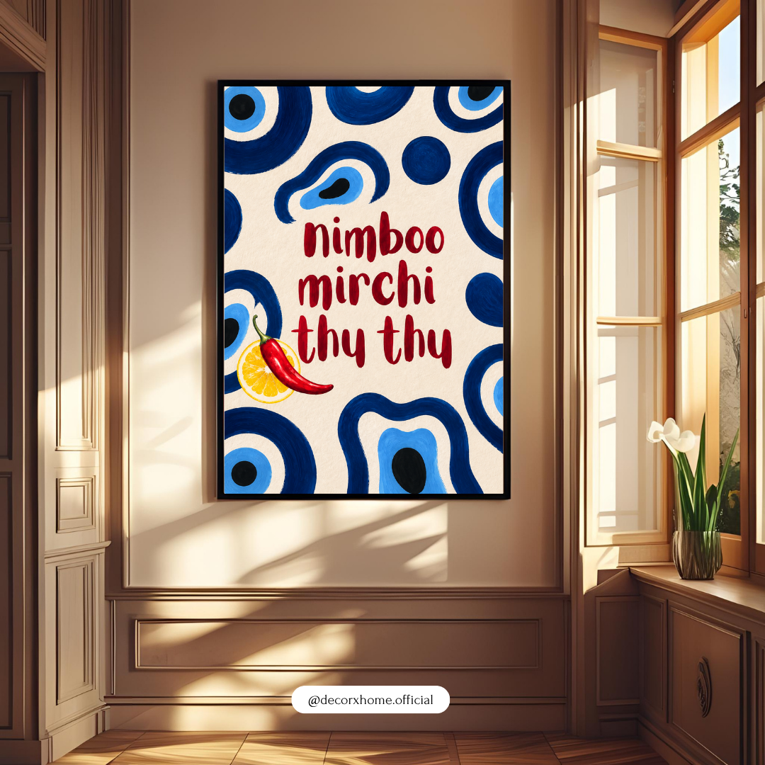 Nimboo Mirchi Thy Thy Wall Art | Indian Desi Quote Poster | Quirky Kitchen & Home Décor | Blue & Red Wall Art | Decorxhome