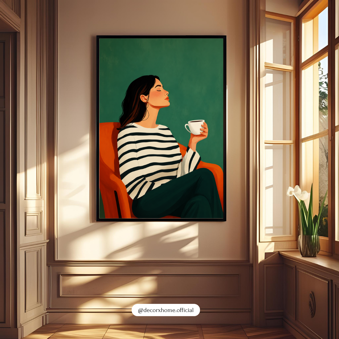 Morning Coffee Bliss – Modern Minimal Woman Portrait Wall Art Poster | DecorxHome