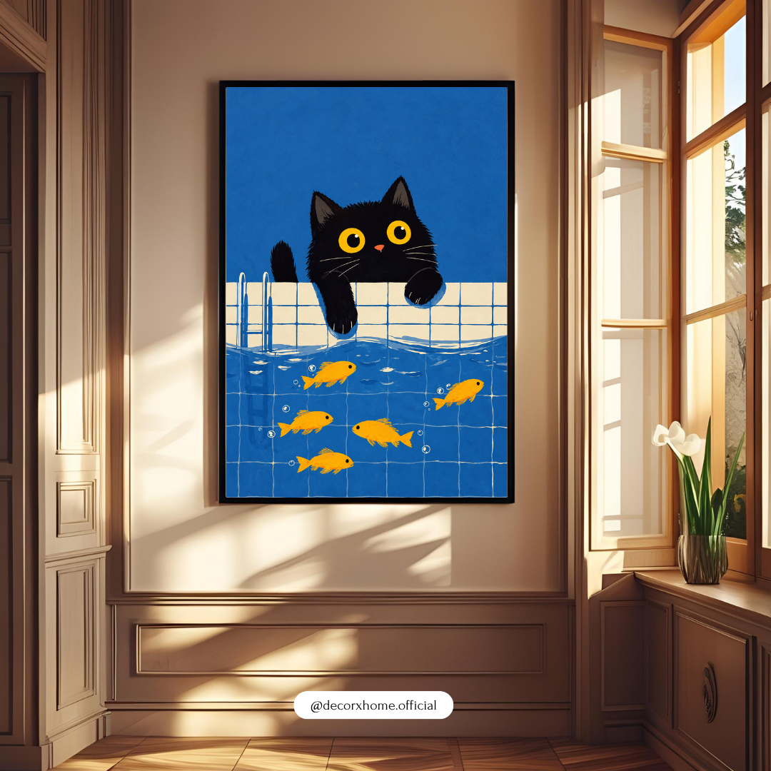 Black Cat Wall Art Poster | Cute Cat & Goldfish Illustration | Modern Animal Decor | Decorexhome