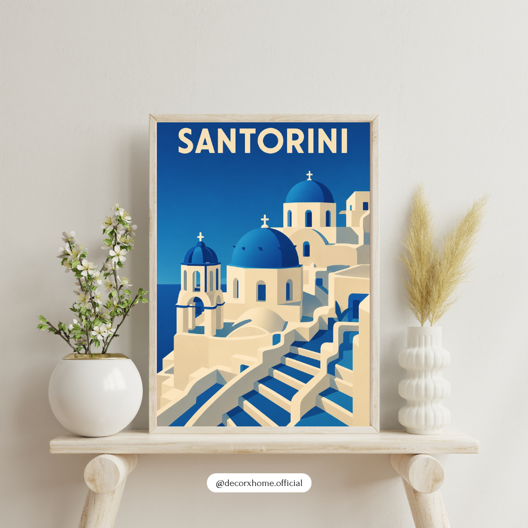 Santorini Greece Travel Poster | Minimalist Mediterranean Wall Art by DecorxHome